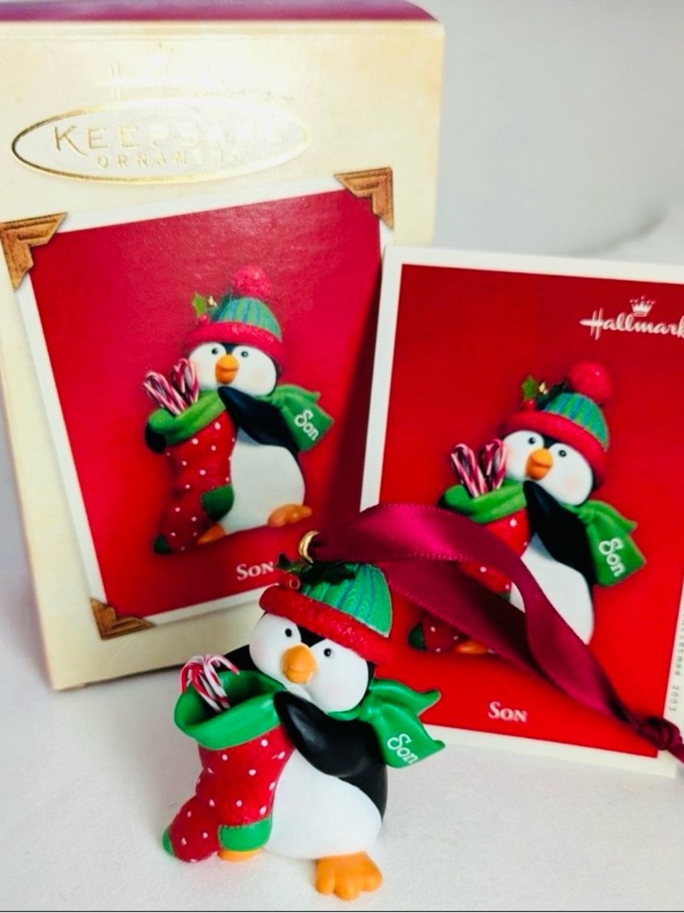 2003 Son penguin Candy Cane Hallmark Kids Penguin Christmas Ornament